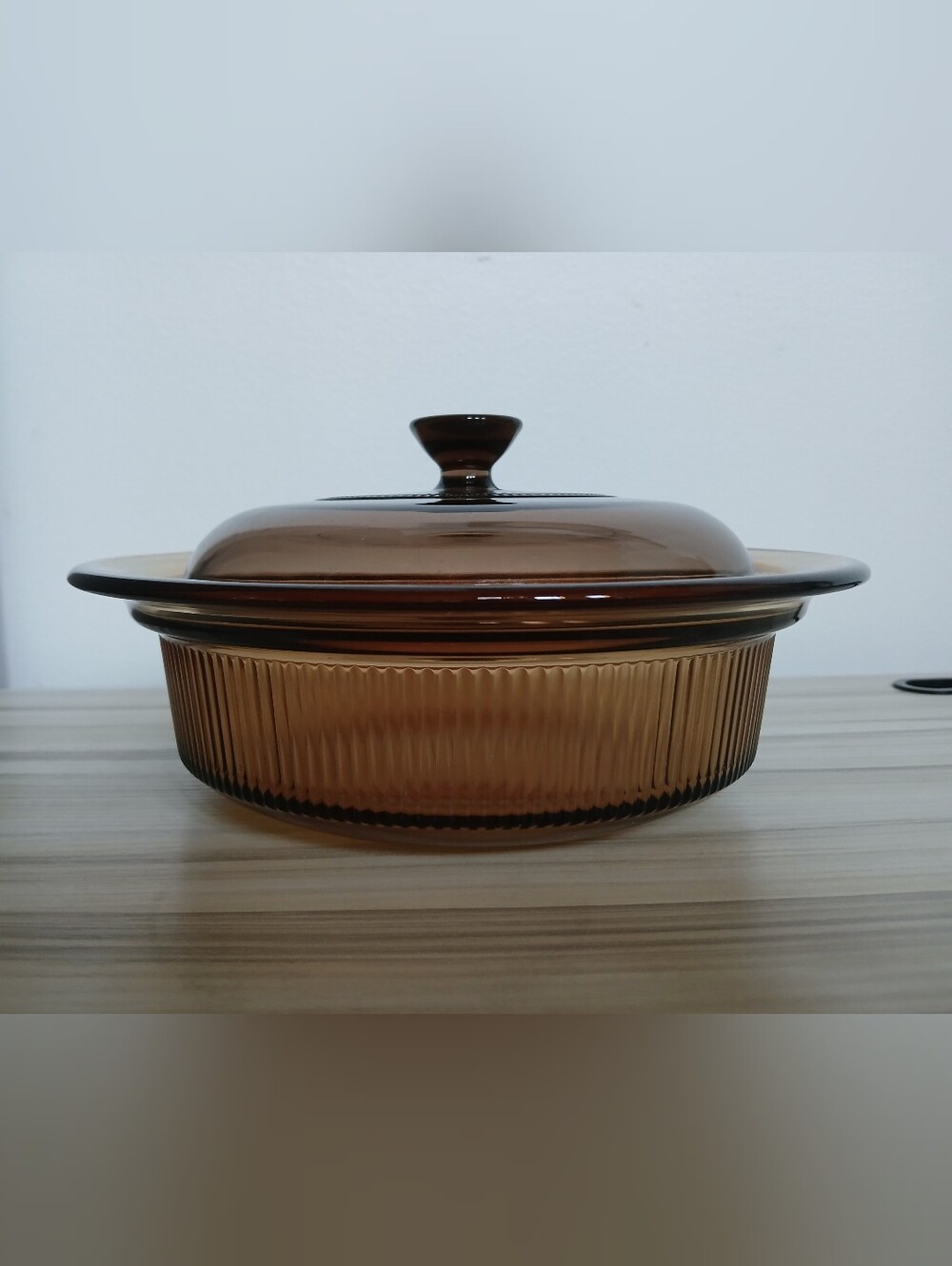 Vtg Corning Vision Ribbed Amber Glass Lidded Casserole Dish 1 QT 1 L Pyrex USA
